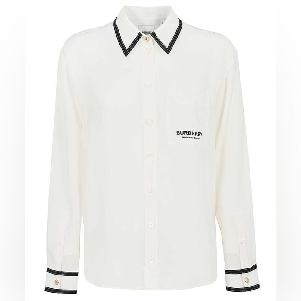 Burberry White Button Up Shirt with Horseferry Print in Silk Crepe de Chine New‎ - Picture 9 of 9